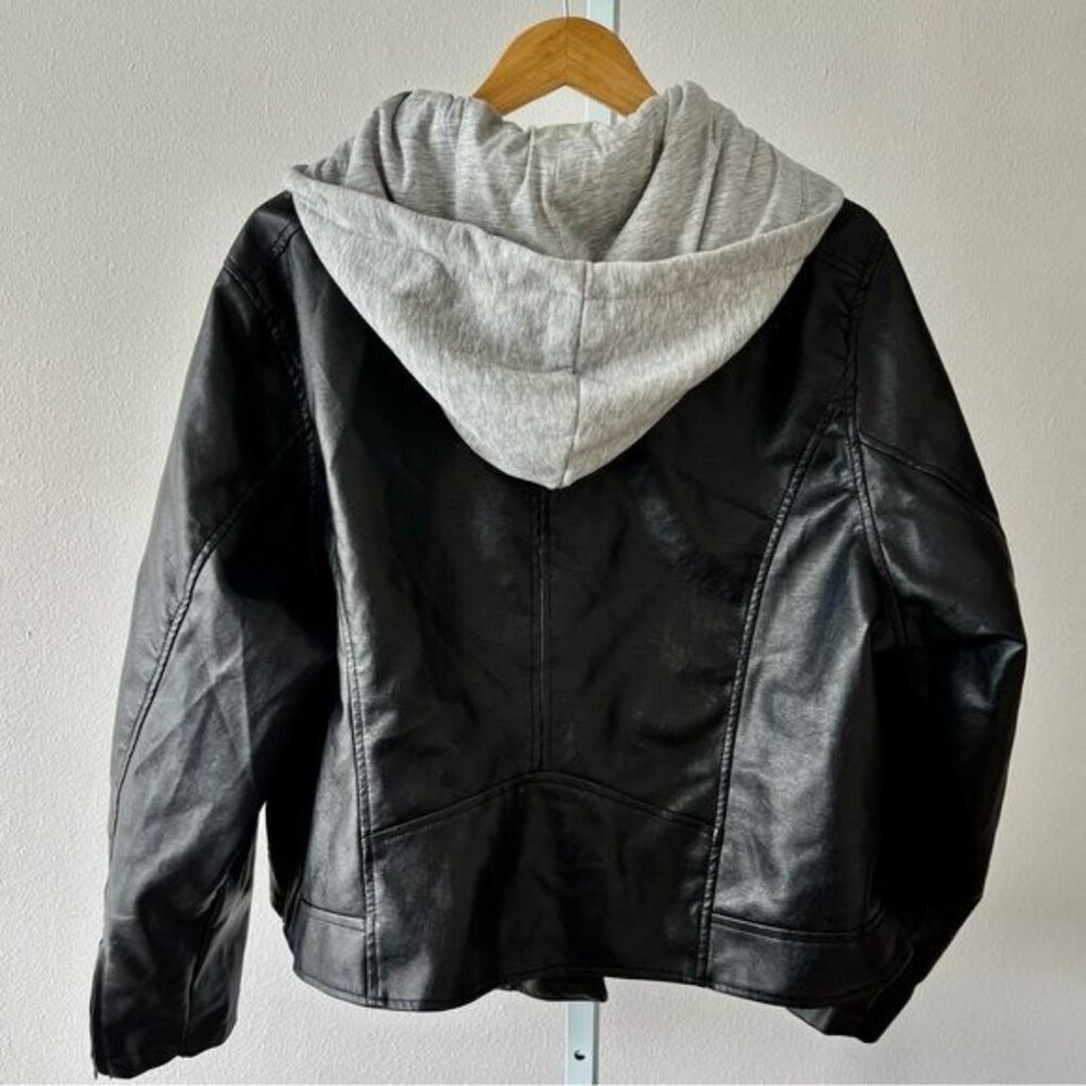 Rue 21+ Jacket 3X Retro Moto Zip Faux Leather Hood Mixed Media Streetwear Grunge - Picture 2 of 11